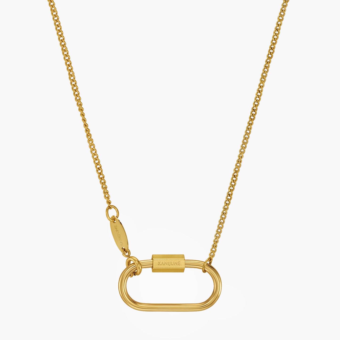 carabiner necklace product picture in front of almost white background